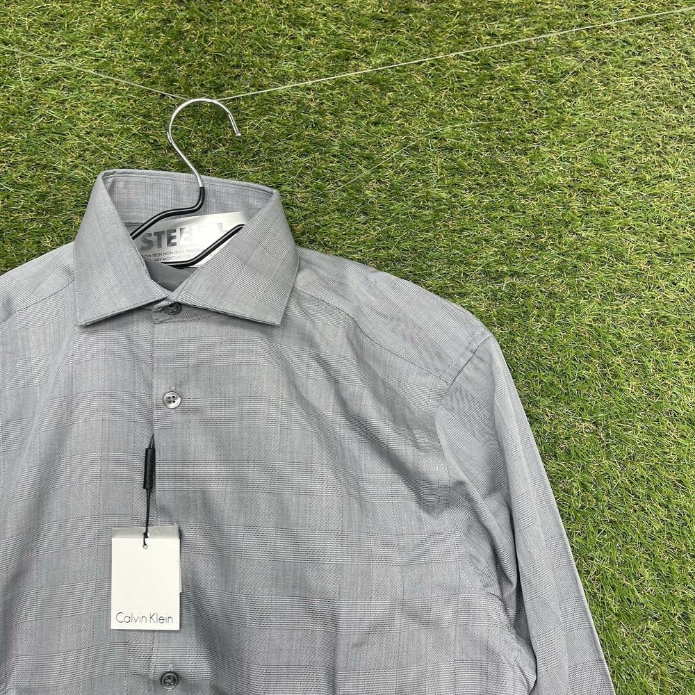 Calvin Klein Steel+ Dress Shirt Mens 15.5 32/33 Slim Fit Smokey Gray Button NWT